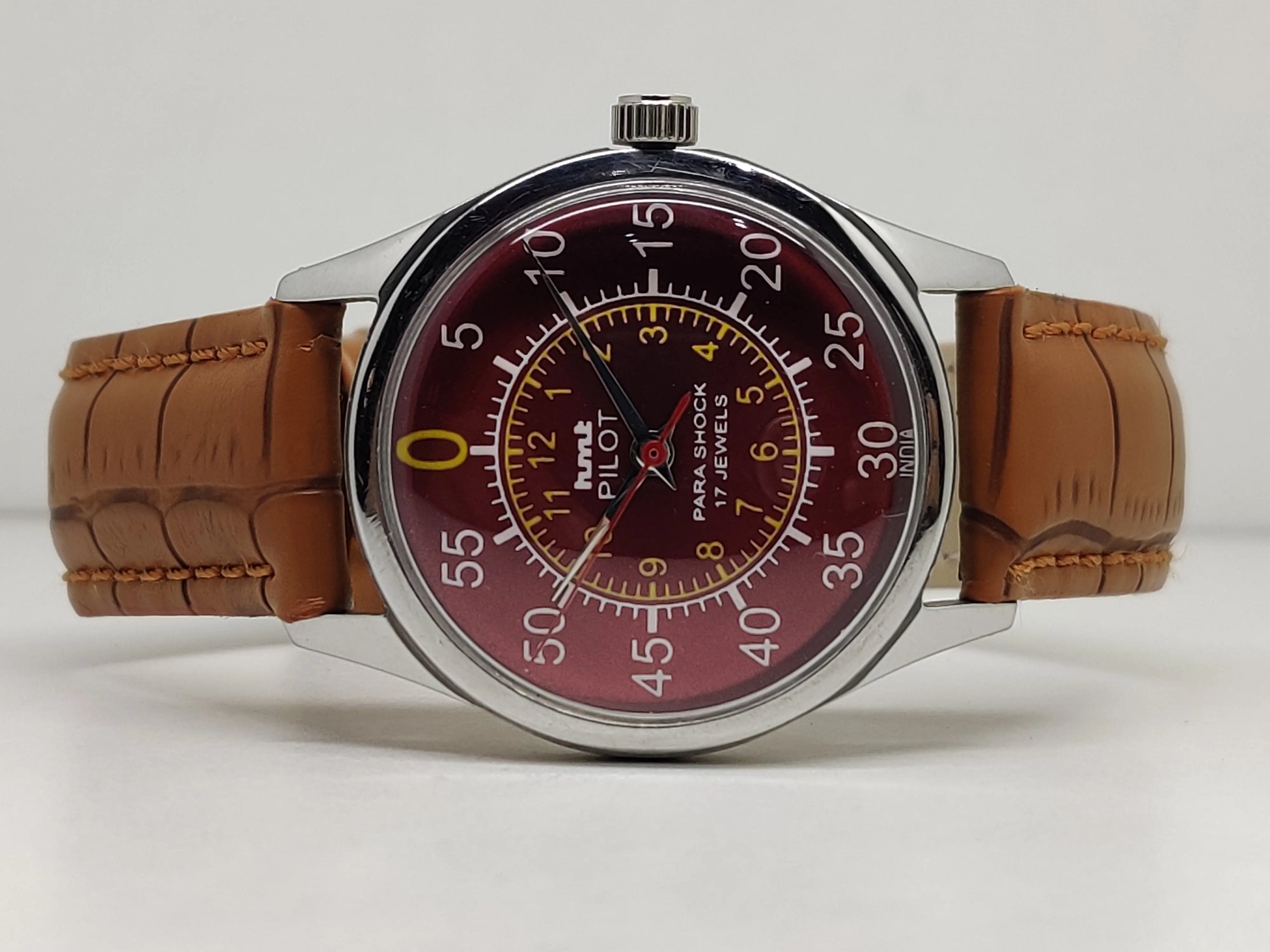 Hmt Pilot Mechanical Handwinding Movement leather Jewels Analog Dial Wrist Watch For Me - National Watches