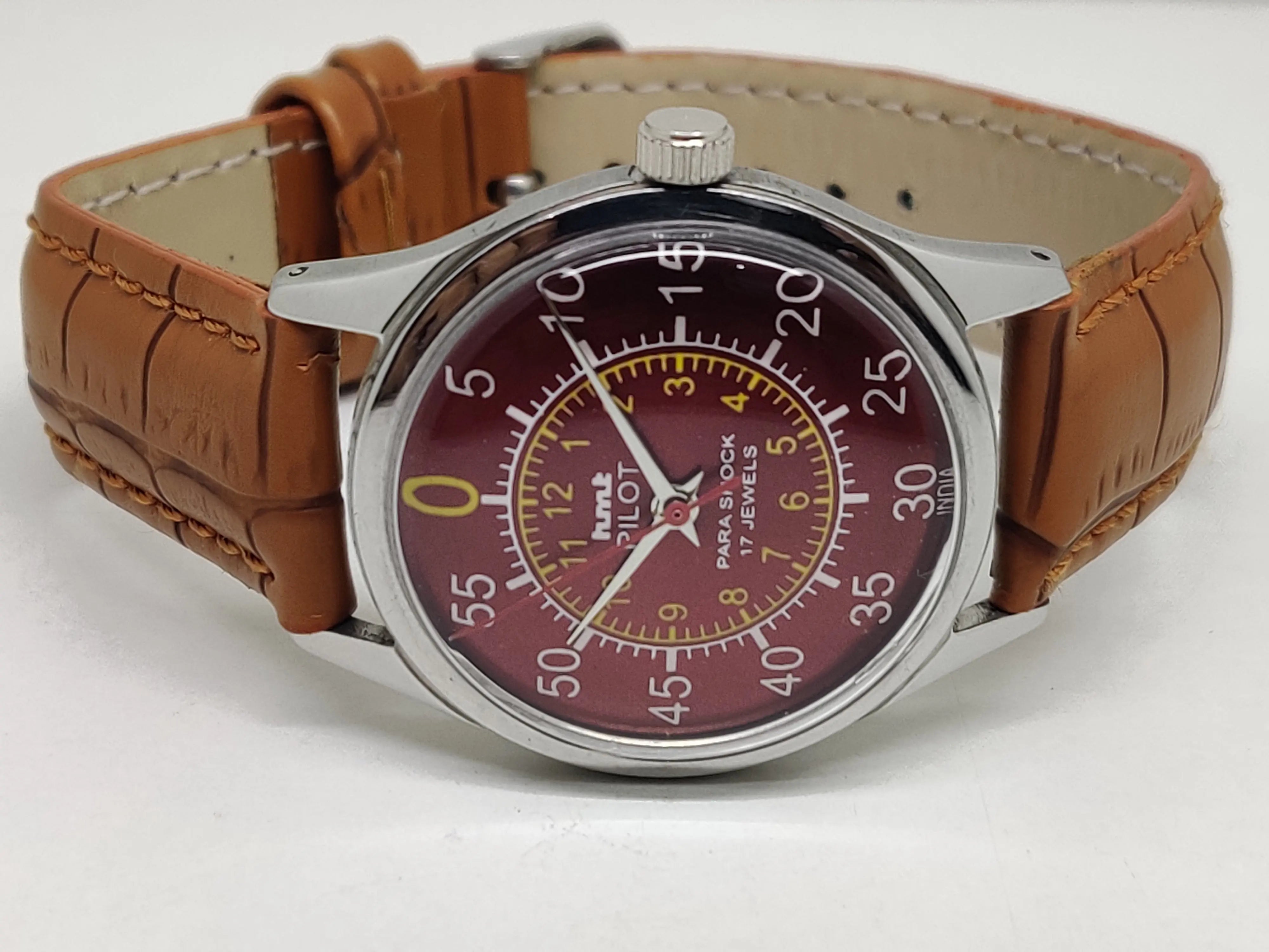 Hmt Pilot Mechanical Handwinding Movement leather Jewels Analog Dial Wrist Watch For Me - National Watches