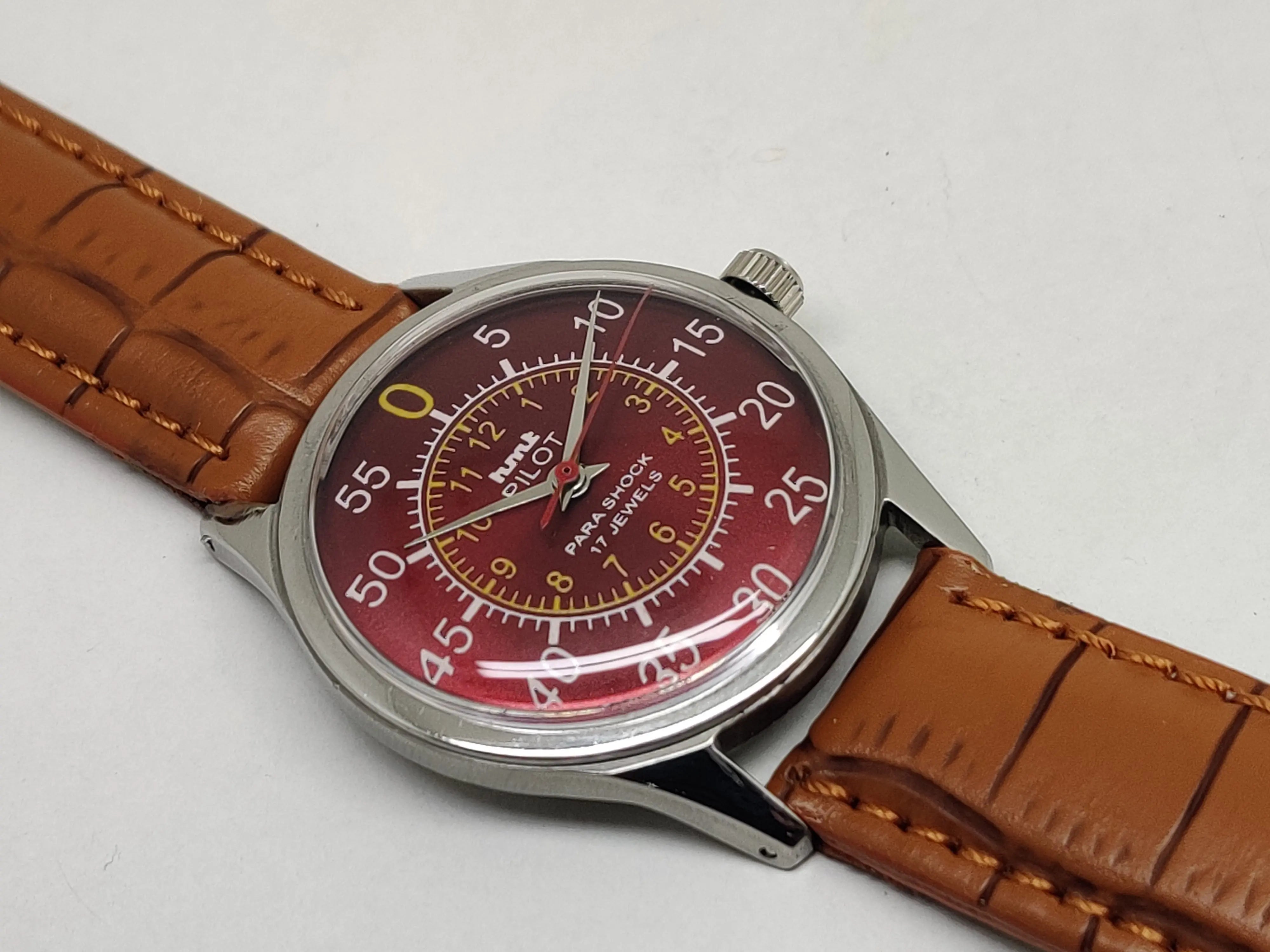 Hmt Pilot Mechanical Handwinding Movement leather Jewels Analog Dial Wrist Watch For Me - National Watches