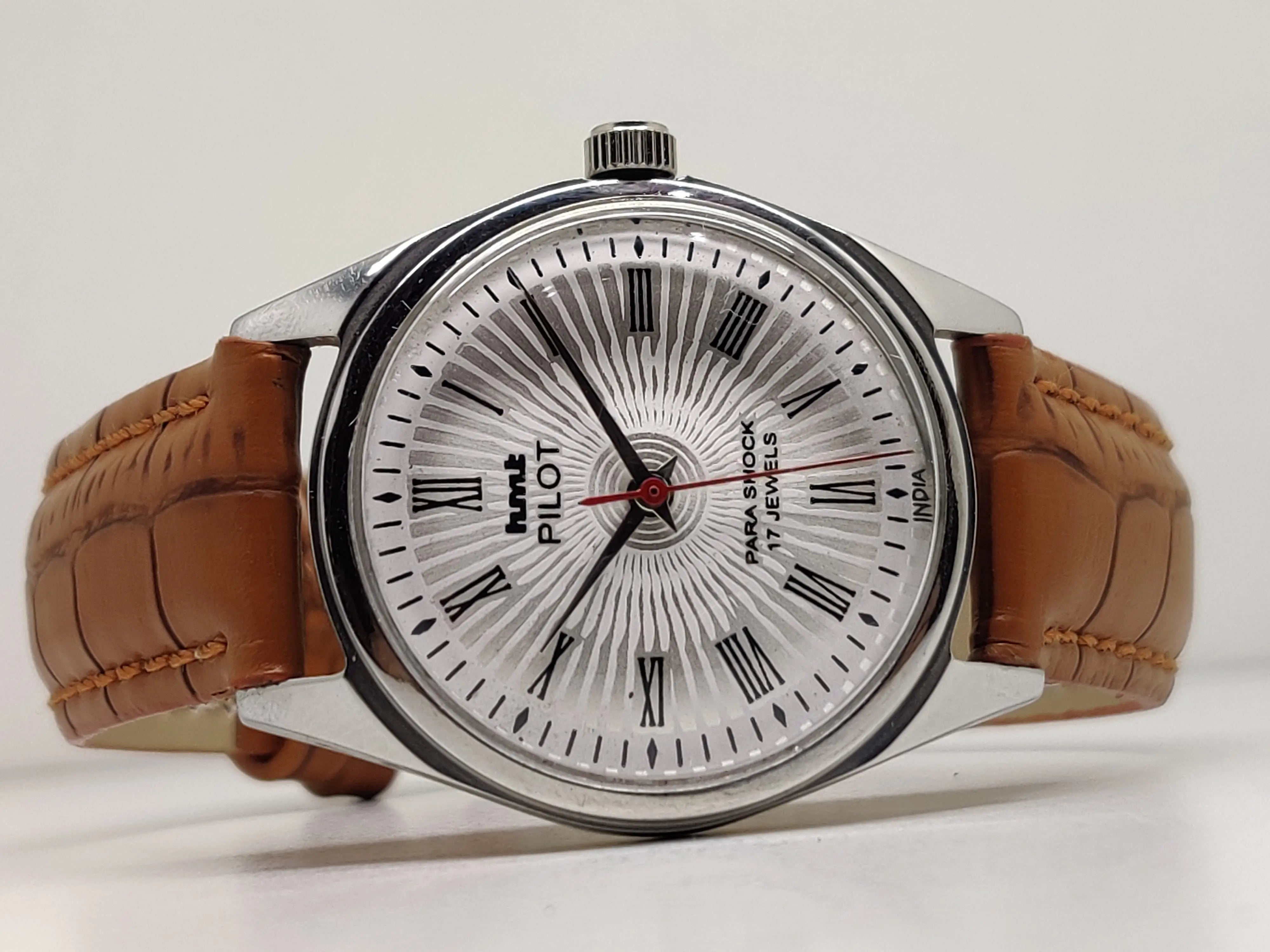 Hmt Pilot Mechanical Handwinding Movement leather Jewels Analog Dial Wrist Watch For Me - National Watches