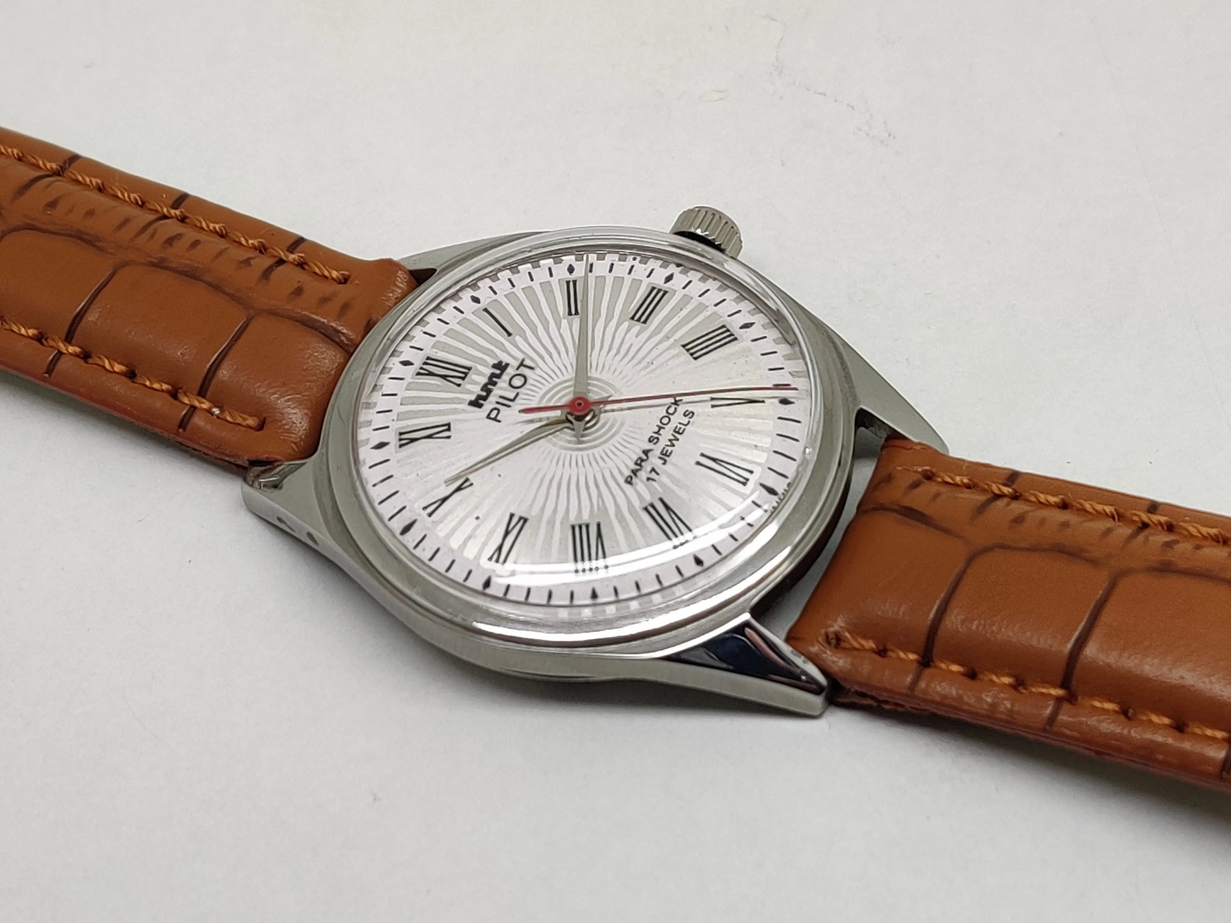 Hmt Pilot Mechanical Handwinding Movement leather Jewels Analog Dial Wrist Watch For Me - National Watches