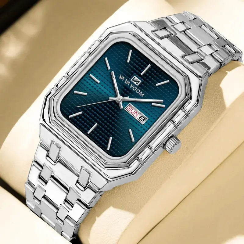 VA VA VOOM Swiss Brand New Square Gradient Men's Watch Waterproof Luminous Quartz Watch Men’s Classic Silver Stainless Steel Day-Date Quartz Dress Watch National Watches