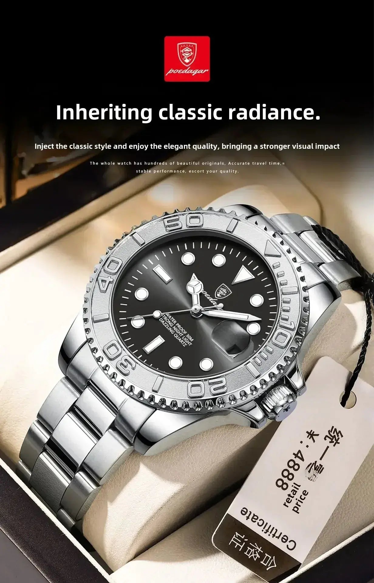 Poedagar Sports Swiss Brand New Ultra-thin Men's Watch Waterproof Luminous Quartz Watch Men’s Classic Silver Stainless Steel Day-Date Quartz Dress Watch National Watches