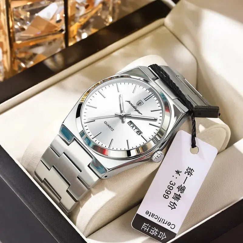 Poedagar Swiss Brand New Ultra-thin Men's Watch Waterproof Luminous Quartz Watch Men’s Classic Silver Stainless Steel Day-Date Quartz Dress Watch National Watches