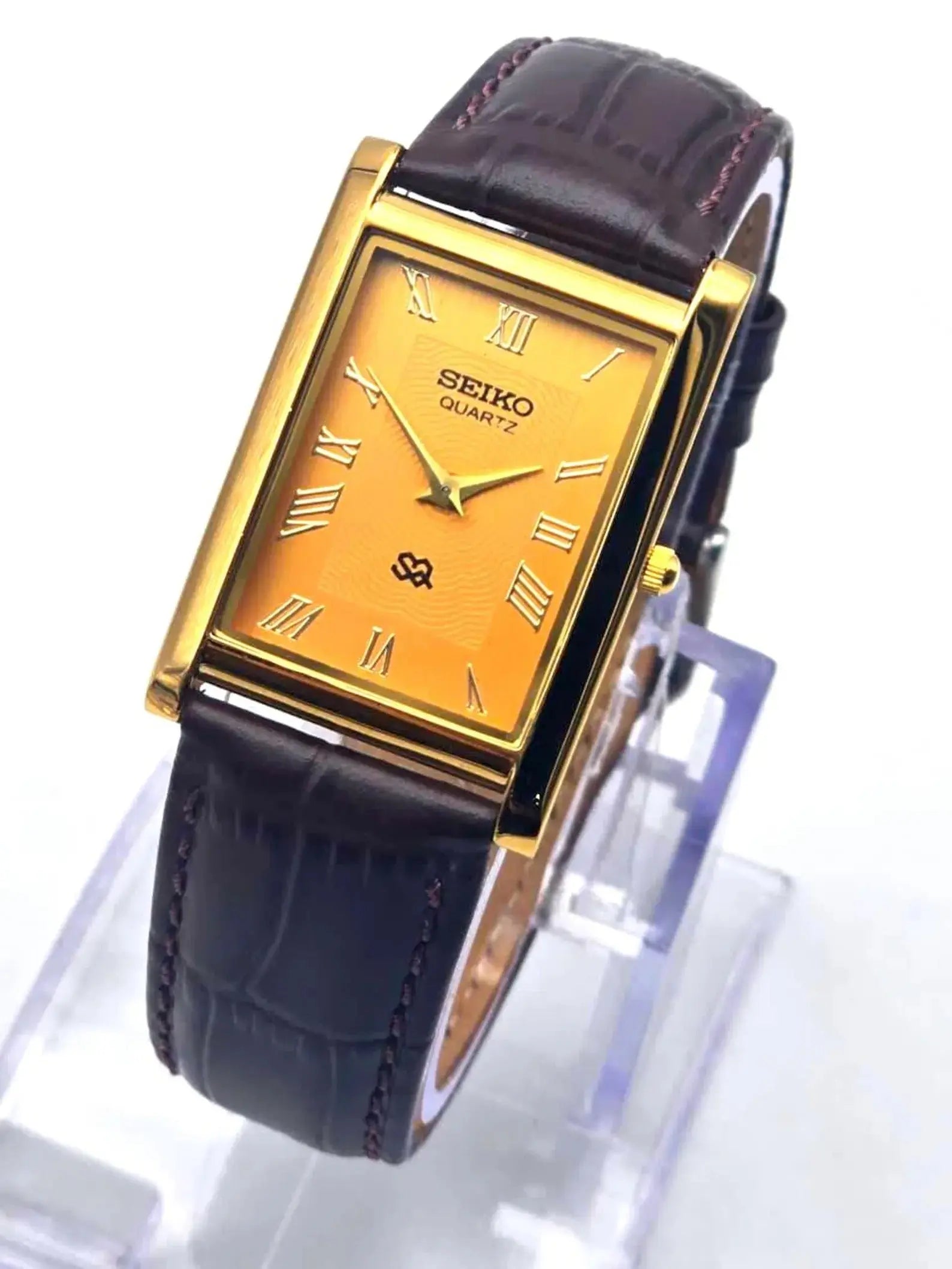 Seiko Tank Style Quartz Watch for Men – Rectangular Roman Dial Leather Strap National Watches