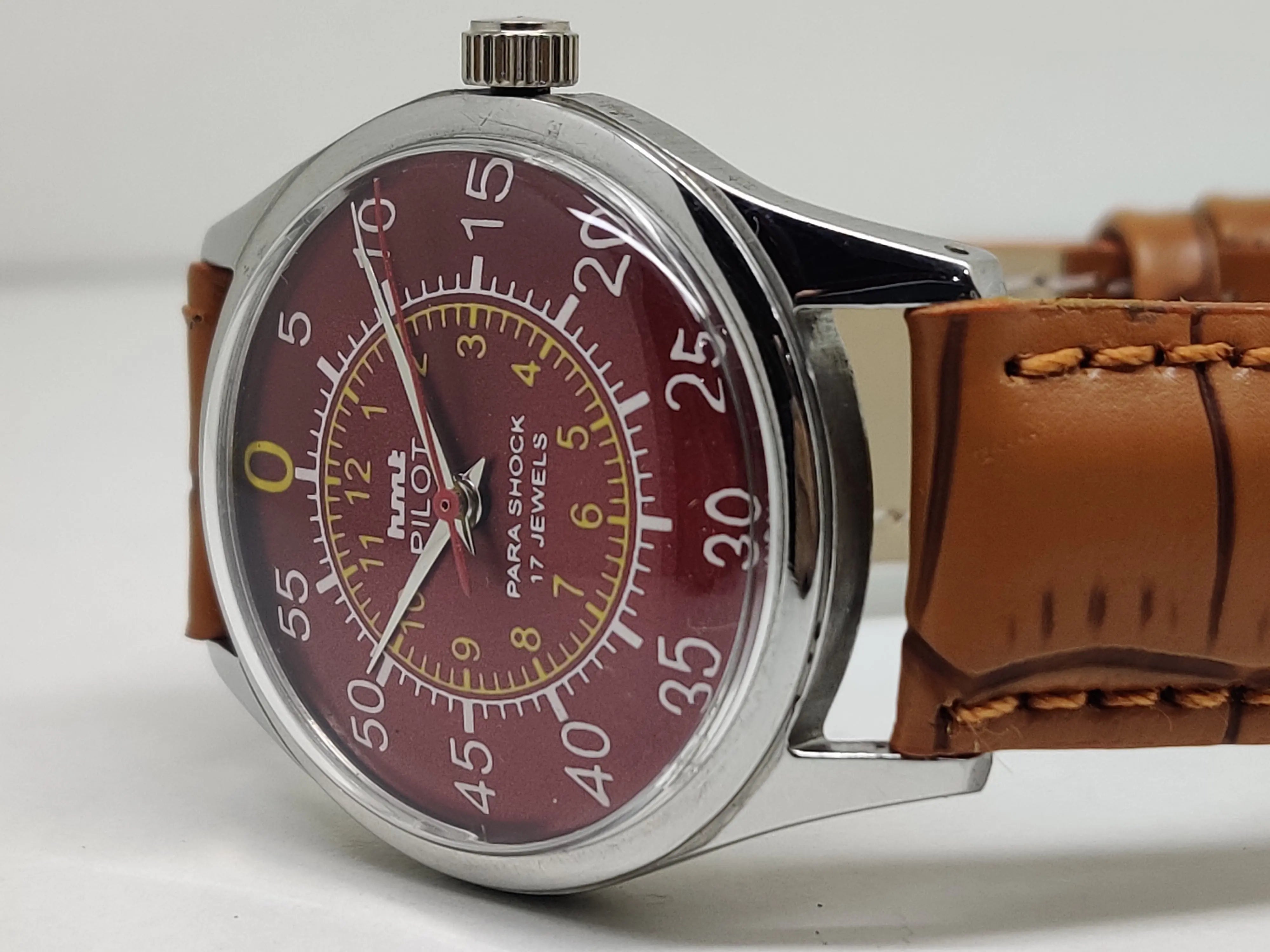 Hmt Pilot Mechanical Handwinding Movement leather Jewels Analog Dial Wrist Watch For Me - National Watches