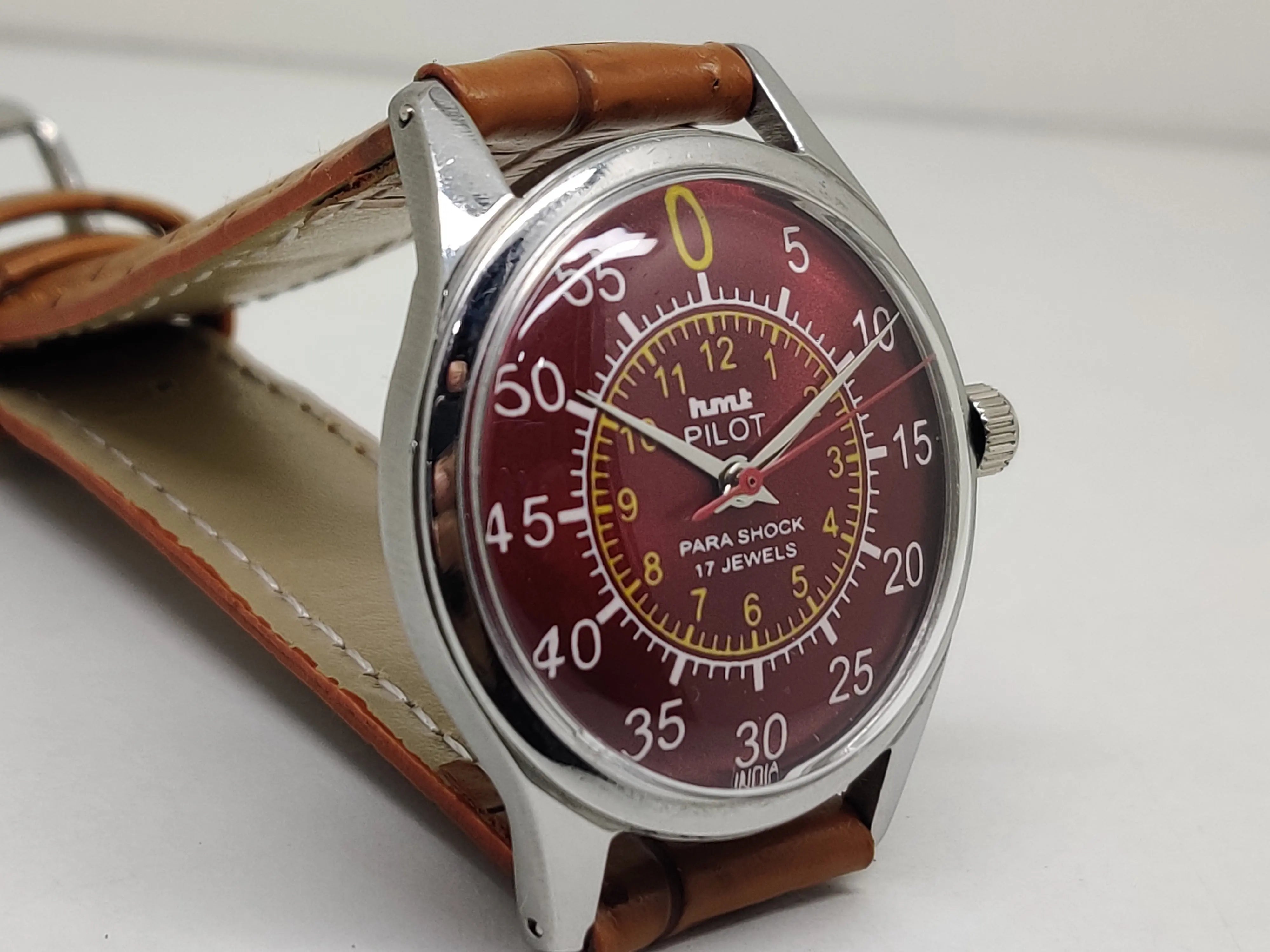 Hmt Pilot Mechanical Handwinding Movement leather Jewels Analog Dial Wrist Watch For Me - National Watches