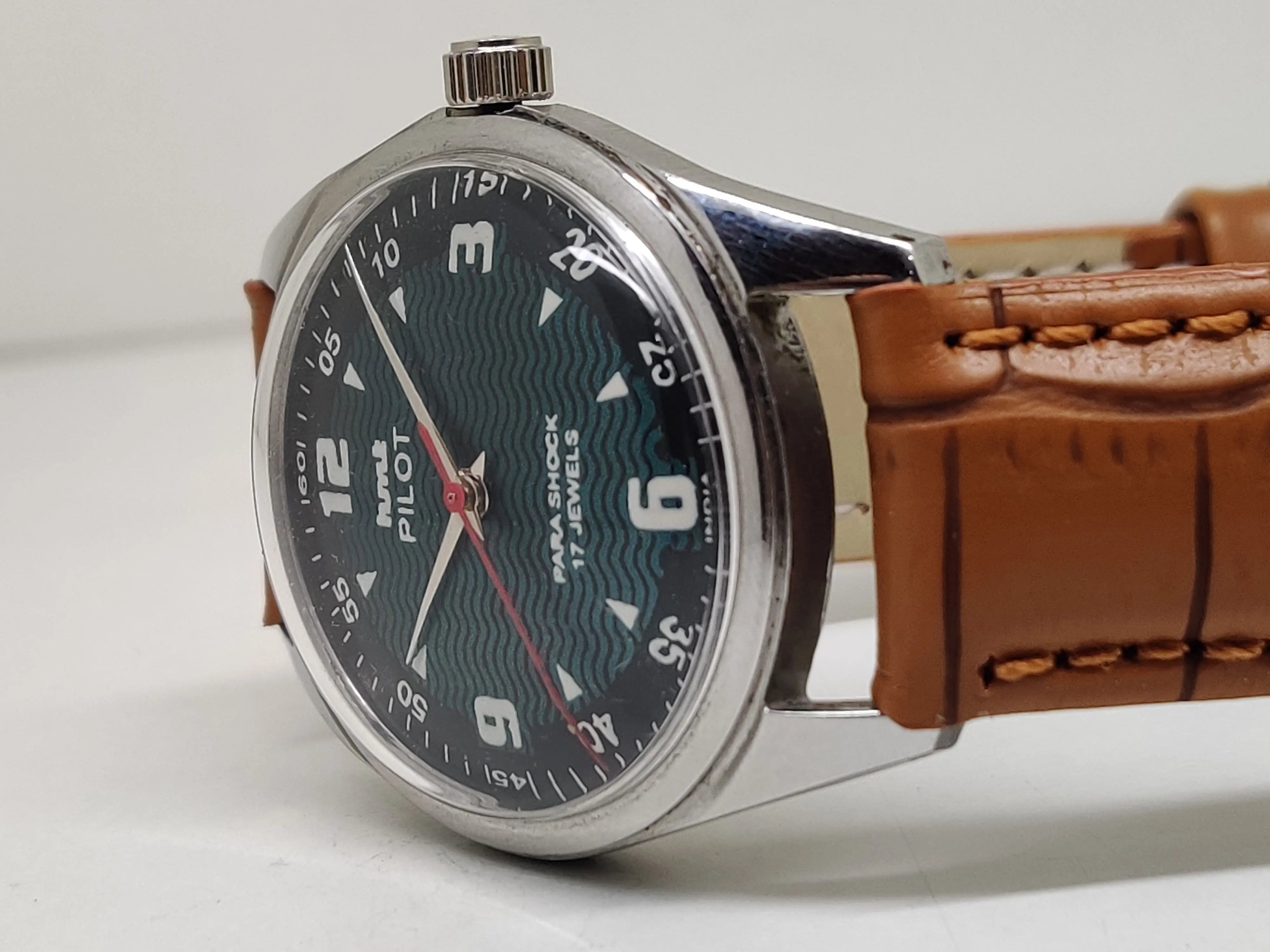 Hmt Pilot Mechanical Handwinding Movement leather Jewels Analog Dial Wrist Watch For Me - National Watches