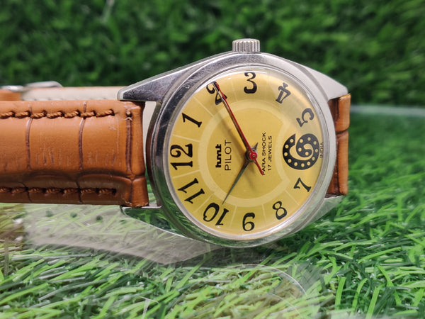 Hmt Pilot Mechanical Handwinding Movement leather Jewels Analog Dial Wrist Watch For Me