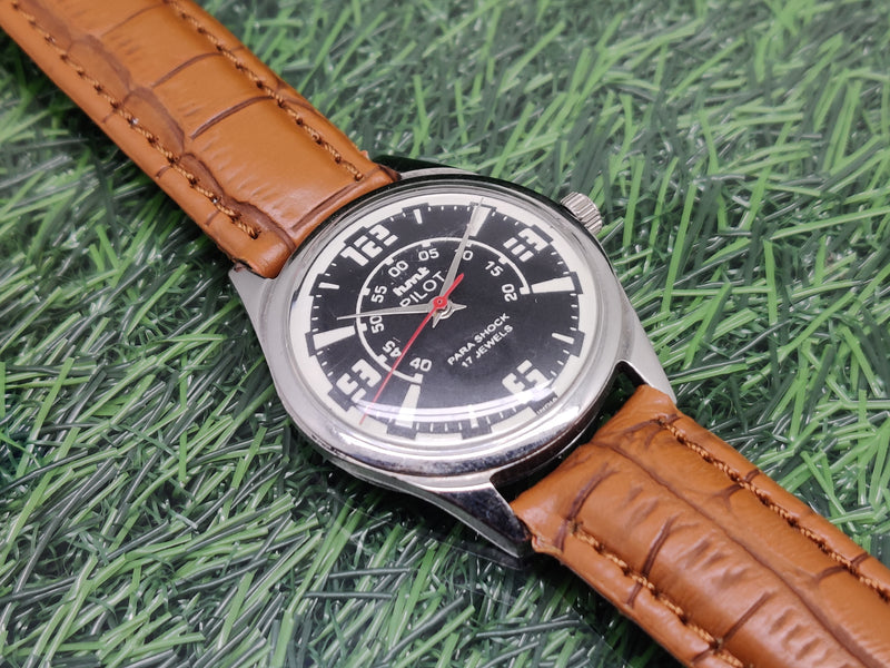 Hmt Pilot Mechanical Handwinding Movement leather Jewels Analog Dial Wrist Watch For Me