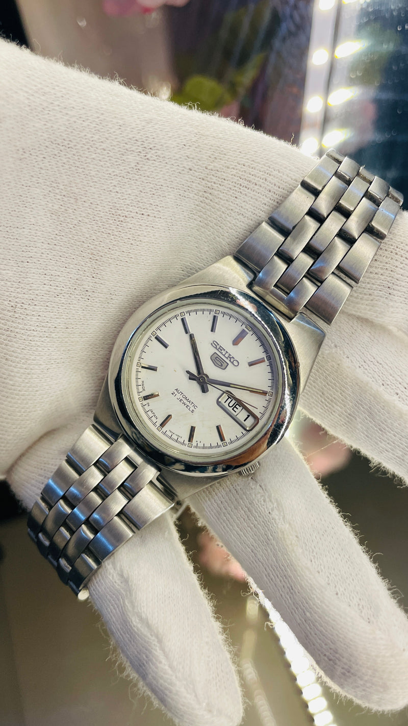 Seiko 5 Automatic White Dial Transparent Back – Refurbished Japan Original
