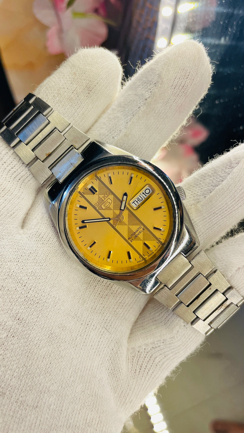 Seiko 5 Automatic Yellow Dial Transparent Caseback – Original Japan Movement
