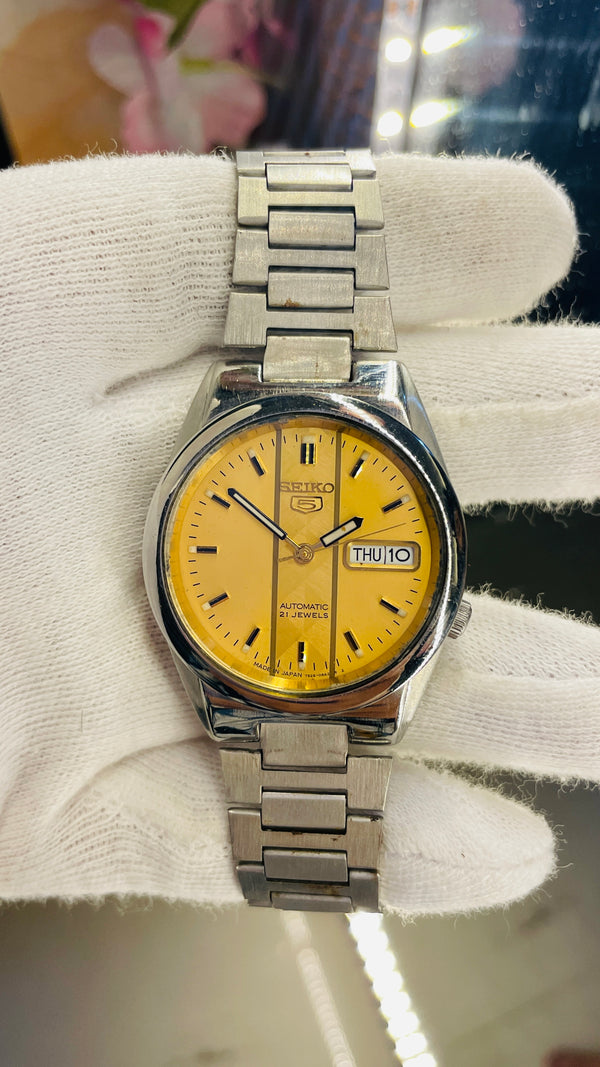 Seiko 5 Automatic Yellow Dial Transparent Caseback – Original Japan Movement