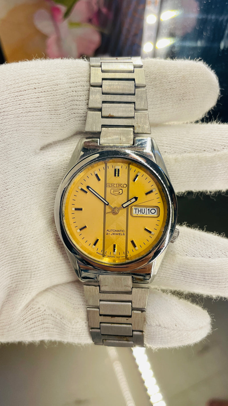 Seiko 5 Automatic Yellow Dial Transparent Caseback – Original Japan Movement