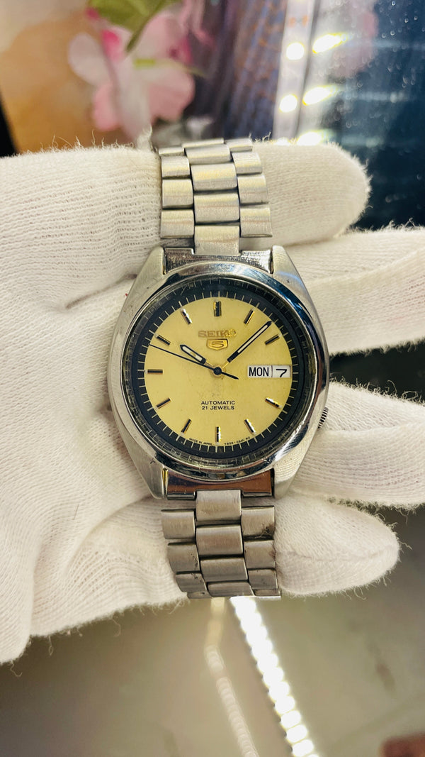 Seiko 5 Automatic Yellow Dial Transparent Caseback – Japan Made Original