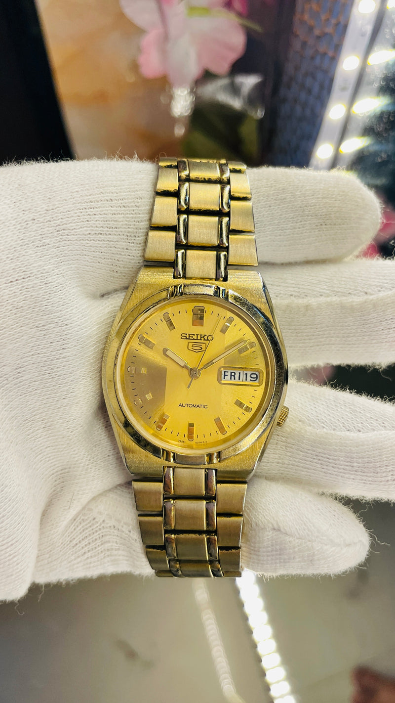 Rare Seiko 5 Automatic Golden Dial Transparent Back – Refurbished Japan Model