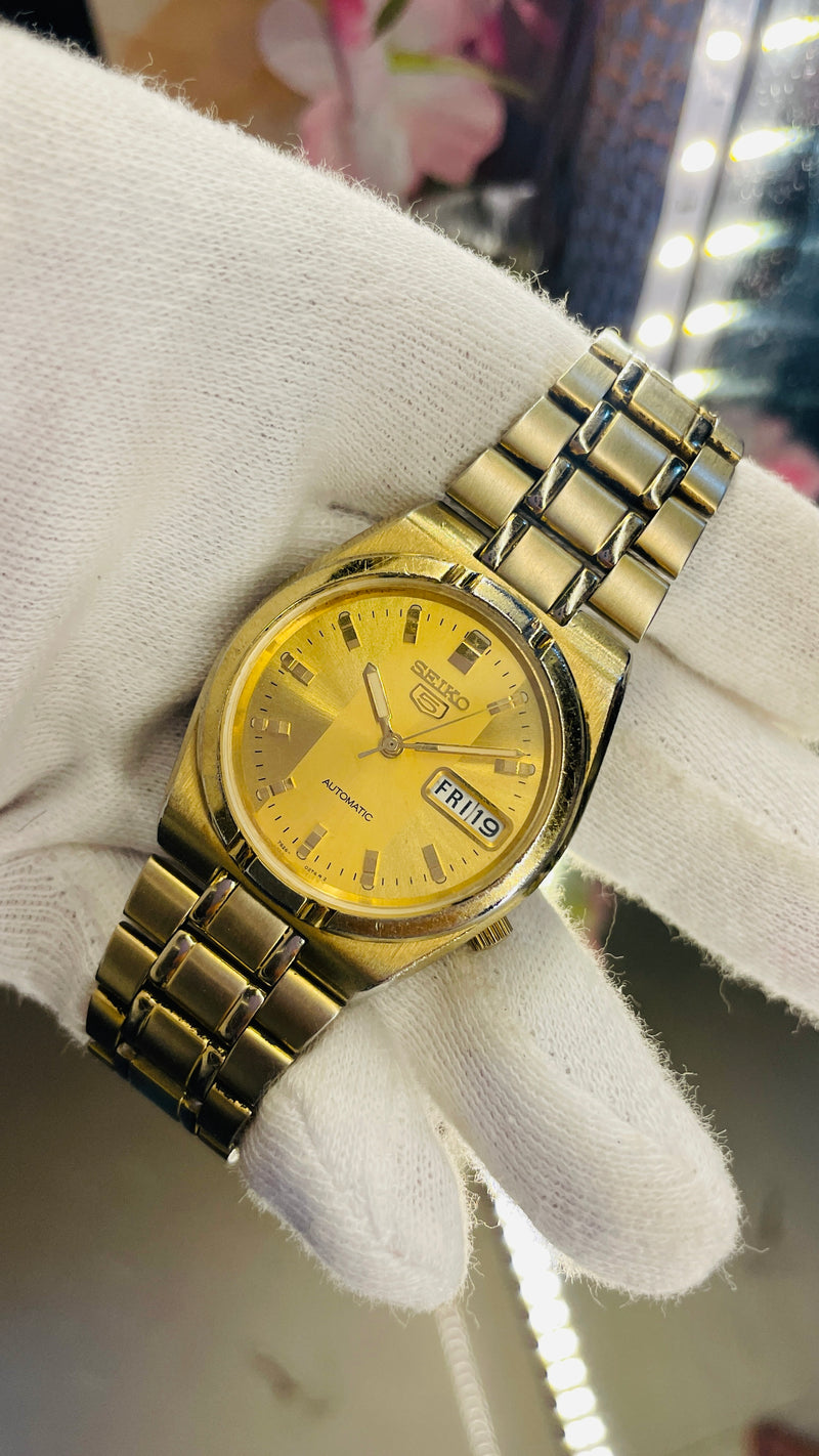 Rare Seiko 5 Automatic Golden Dial Transparent Back – Refurbished Japan Model