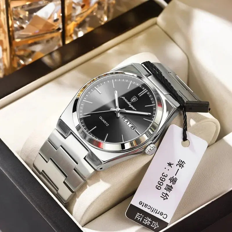 Poedagar Swiss Brand New Ultra-thin Men's Watch Waterproof Luminous Quartz Watch Men’s Classic Silver Stainless Steel Day-Date Quartz Dress Watch National Watches