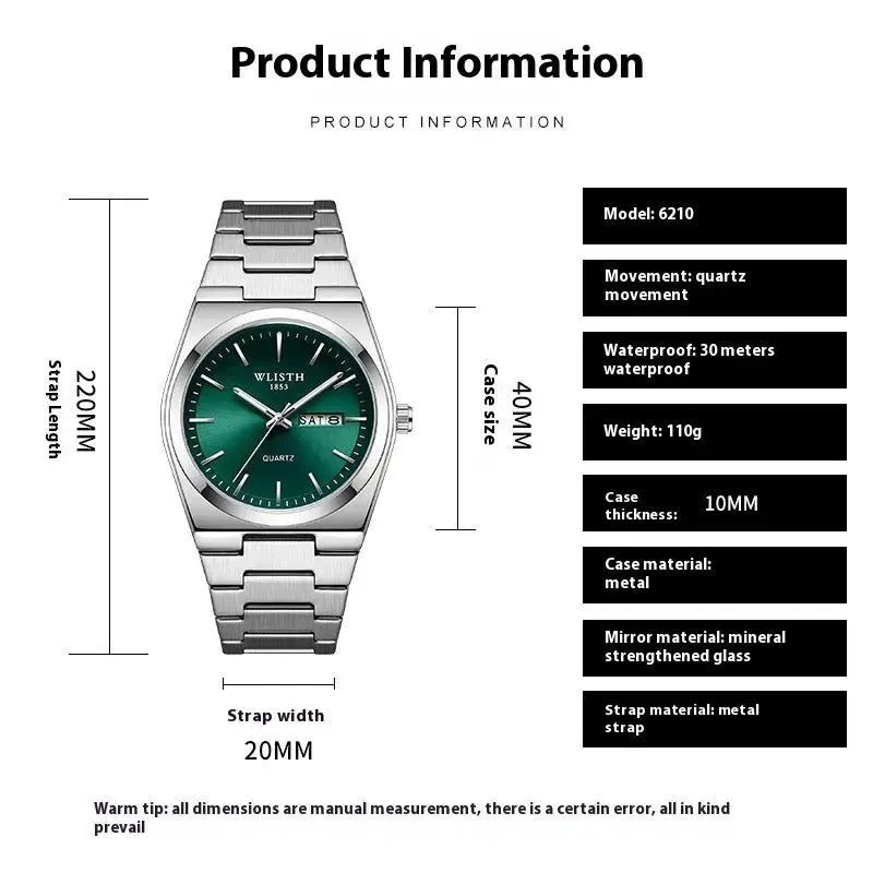 WLISTH Swiss Brand New Ultra-thin Men's Watch Waterproof Luminous Quartz Watch Men’s Classic Silver Stainless Steel Day-Date Quartz Dress Watch National Watches