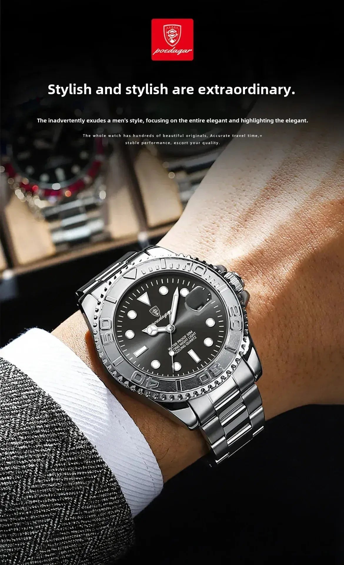 Poedagar Sports Swiss Brand New Ultra-thin Men's Watch Waterproof Luminous Quartz Watch Men’s Classic Silver Stainless Steel Day-Date Quartz Dress Watch National Watches