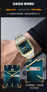 VA VA VOOM Swiss Brand New Square Gradient Men's Watch Waterproof Luminous Quartz Watch Men’s Classic Silver Stainless Steel Day-Date Quartz Dress Watch National Watches