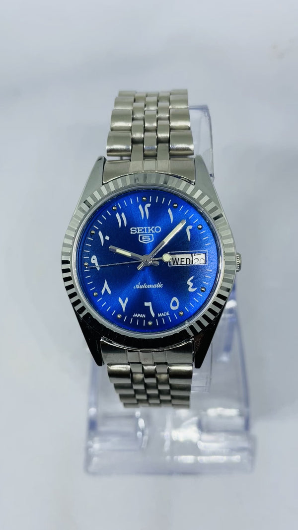 Seiko 5 Automatic Blue Dial Arabic Numerals – Refurbished Japan Vintage Watch | 17 Jewels Original Movement